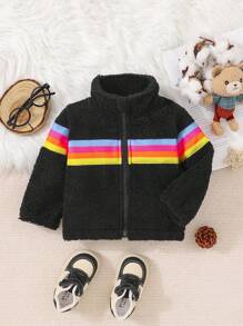Baby Girl Striped Print Zip Up Teddy Jacket - Black - View 1