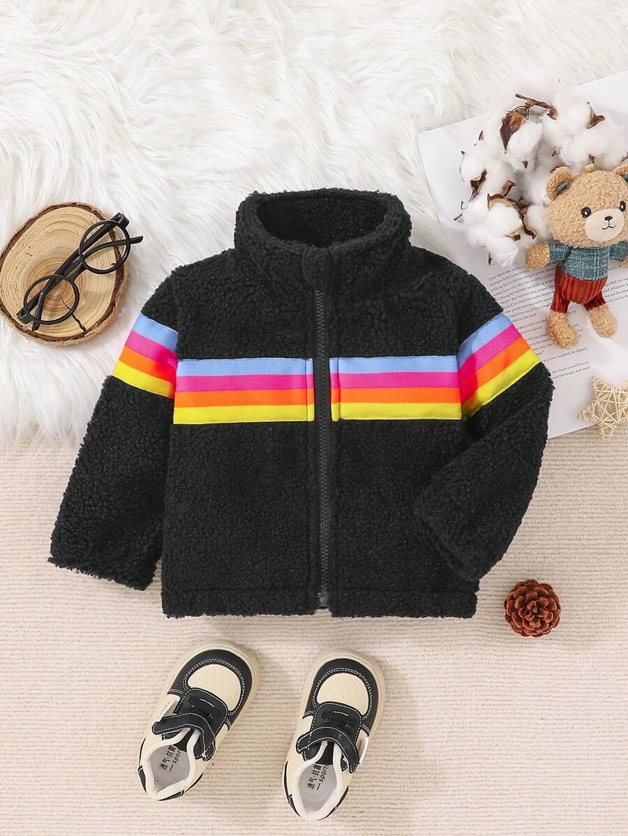 Baby Girl Striped Print Zip Up Teddy Jacket - Black - View 1