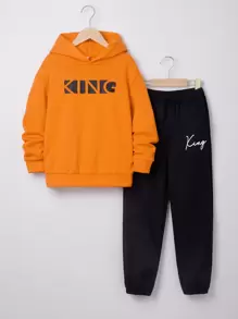SHEIN Tween Boy Letter Graphic Hoodie & Sweatpants - Orange - View 1