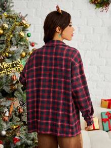 SHEIN EZwear Plaid Print Drop Shoulder Shirt - Red - View 2