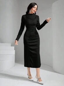 Modelyn Mock Neck Ruched Split Back Dress - Black - View 4