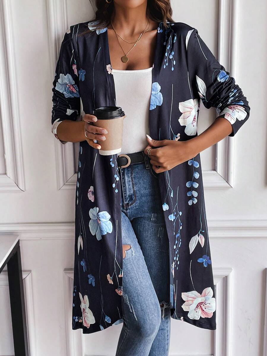 SHEIN LUNE Floral Print Open Front Coat - Multicolor - View 1