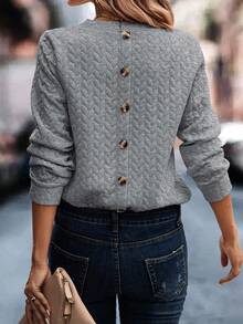 SHEIN Essnce 後紐扣落肩袖運動衫 - 淺灰色 - 查看 3