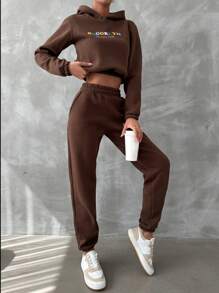EURMUSE Embroidery Detail Thermal Hoodie & Sweatpants - Brown - View 5