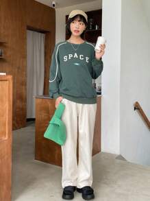 DAZY Áo nỉ trễ vai họa tiết tương phản chữ cái, quần áo mùa thu - Màu xanh lá cây đậm - Xem 7