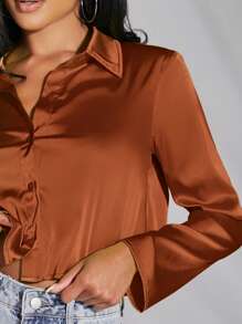 SHEIN BAE Áo sơ mi satin crop cài nút phía trước, áo dài tay - màu nâu - Xem 4