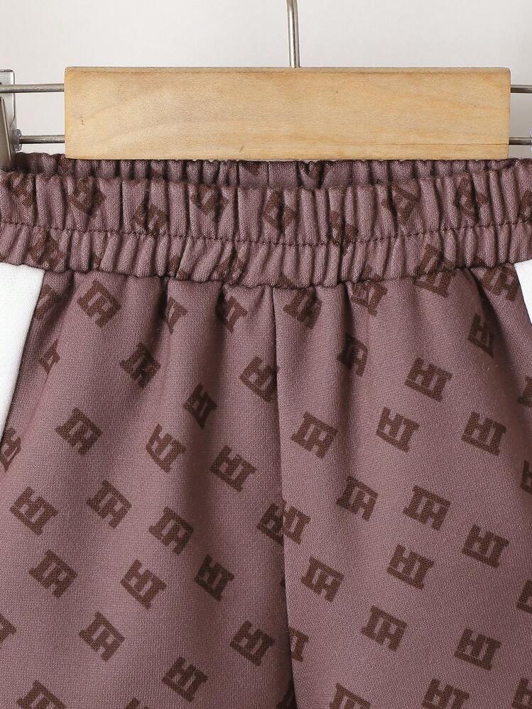 Bebé niño Cazadora con estampado con costura lateral en contraste con pantalones deportivos - Café integral - Añade 7