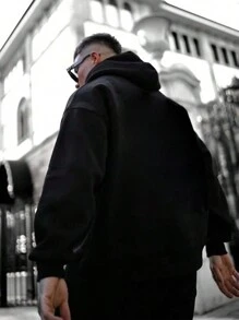 Men Letter & Figure Graphic Pocket Drawstring Hoodie, For Fall, Long Sleeve Top - Black - View 2