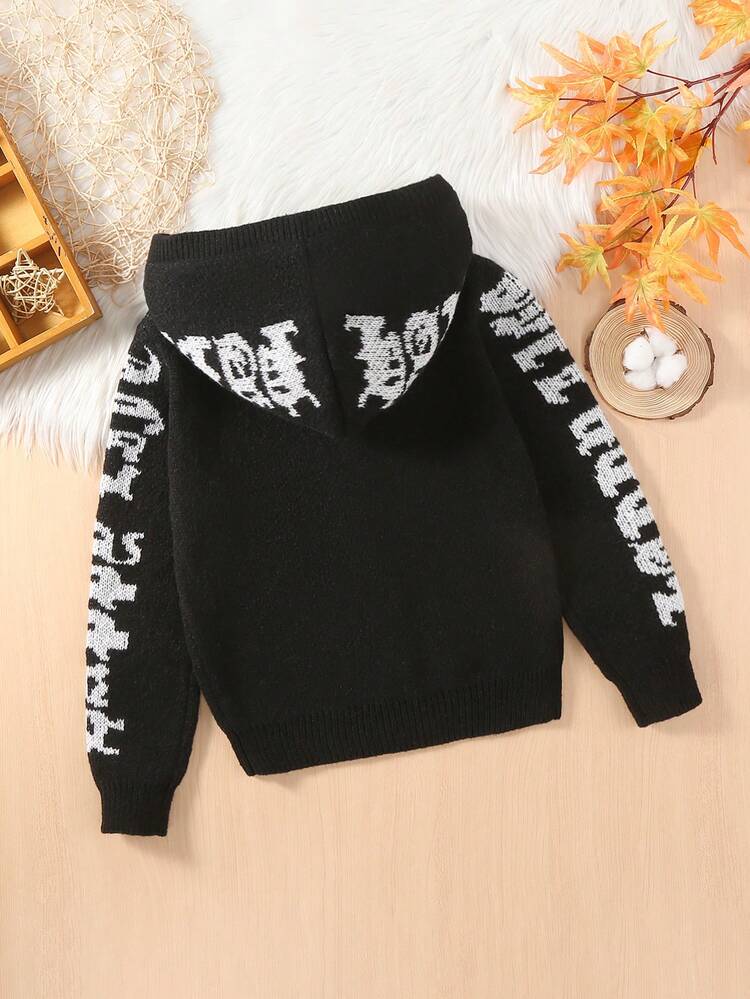 SHEIN Tween Girl Letter Pattern Hooded Cardigan - Black - View 2