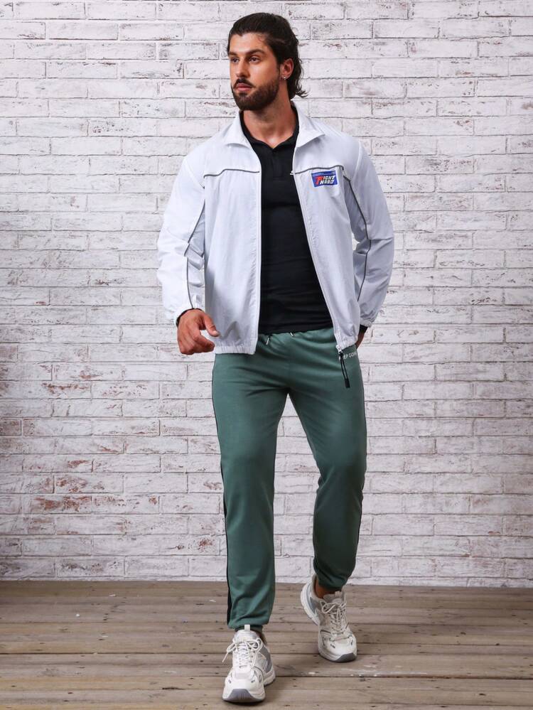 Men Letter Graphic Contrast Piping Zip Up Sports Jacket Workout Tops Sports Jacket