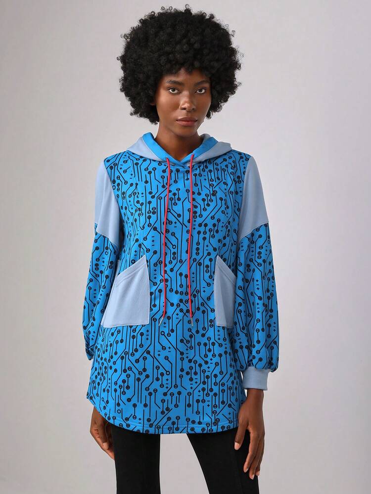 Designer Allover Print Colorblock Drawstring Hooded Split Hem Sweatshirt, Fall, For Autumn & Winter, Holiday, Vacation
