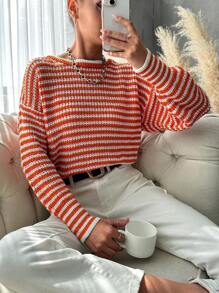EURMUSE Striped Pattern Drop Shoulder Sweater - Orange - View 1