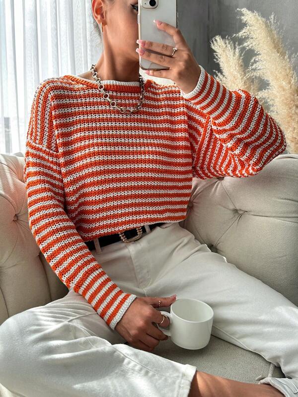 EURMUSE Striped Pattern Drop Shoulder Sweater