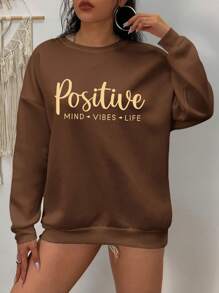 SHEIN EZwear Plus Slogan Graphic Drop Shoulder Sweatshirt - Coffee Brown - View 4