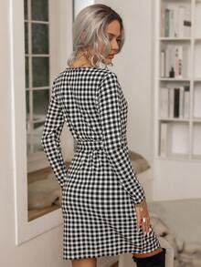 Fashionable Women's Black & White Checkered Belted Dress - Black and White - View 2