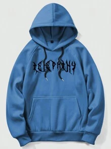 ROMWE MEN Grunge Punk 男士骷髏印花綠袖拉繩保暖連帽衫 - 藍色 - 查看 2