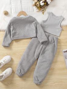 SHEIN Young Girl Solid Tank Top & Pants & Button Up Flannel Top - Grey - View 2