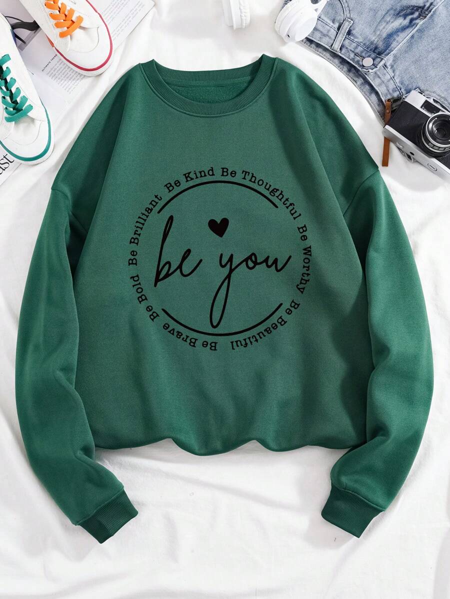 SHEIN Essnce 標語圖案加絨內裏運動衫 - 墨綠色 - 查看 1