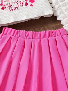 SHEIN 女大童愛心和字母圖案T恤和百褶半身裙 - 白色 - 查看 3