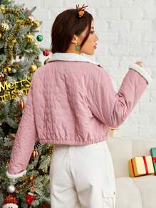 SHEIN EZwear Flap Pocket Teddy Lined Zip Up Quilted Coat In Fall/Winter - Dusty Pink - View 2