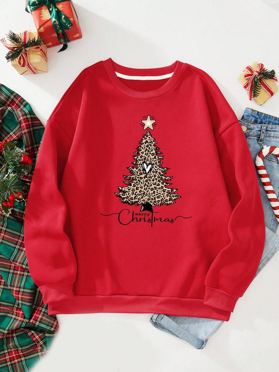 SHEIN EZwear 大碼聖誕圖案加絨內裏運動衫 - 紅色 - 查看 1