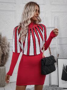 SHEIN Unity Mẫu sọc Tay áo Đầm Áo len - Đỏ và trắng - Xem 3