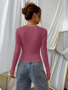 SHEIN EZwear Scoop Neck Ribbed Knit Tee - Dusty Pink - View 2