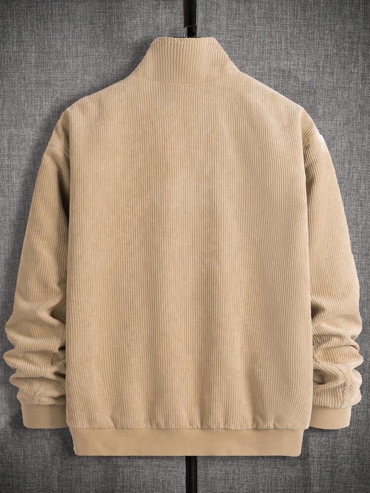 Oversized Men Bear Embroidery Zip Up Corduroy Jacket (No T-Shirt Included), For Fall Winter