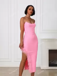 Sexy Side Cut-Out Bra Top With Artificial Feather Details Bodycon Party Midi Dress