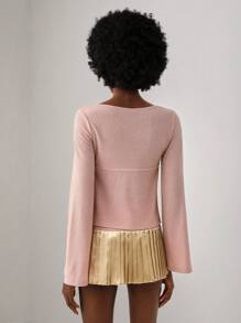 ASHLEY Designer Tie Front Waffle Knit Tee, For Holiday, Vacation, Spring, Festival, Ibiza Fits - Pink - View 2