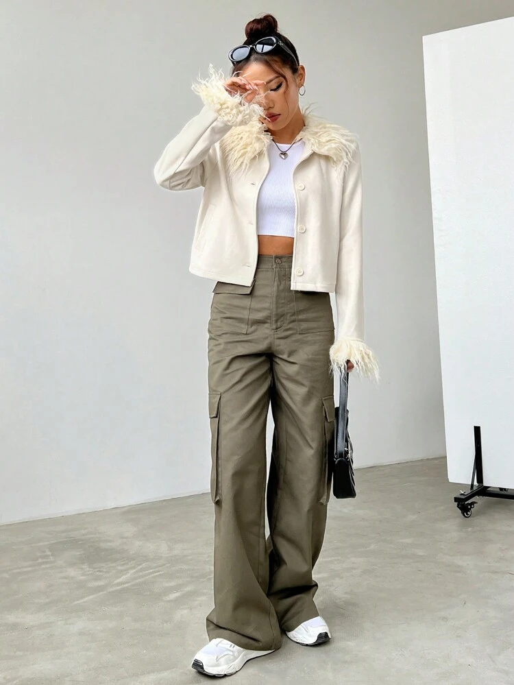 Fuzzy Trim Borg Collar Faux Suede Jacket