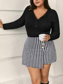 SHEIN Frenchy Plus Houndstooth Print Button Front Skort Summer Women Clothes - Black and White - View 7