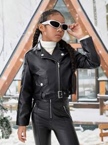 SHEIN Tween Girl 休闲酷炫纯色 PU 皮革摩托车夹克，秋冬 - 黑色 - 查看 2