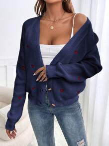 SHEIN Frenchy 图形心形刺绣插肩袖开衫、长袖上衣、情人节、情人节、情人节、秋冬针织毛衣 - 藏蓝色 - 查看 4