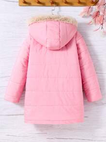 SHEIN Sparklyn Tween Girl 毛绒装饰连帽保暖衬垫外套（不含毛衣） - 粉色 - 查看 2