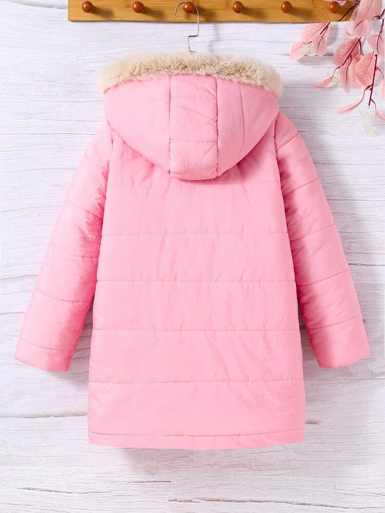 Tween Girl Fuzzy Trim Hooded Thermal Lined Padded Coat Without Sweater