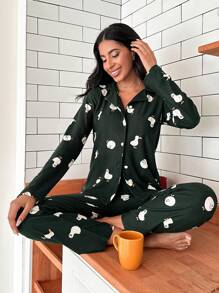 RueChic Cartoon Graphic PJ Set - Green - View 1