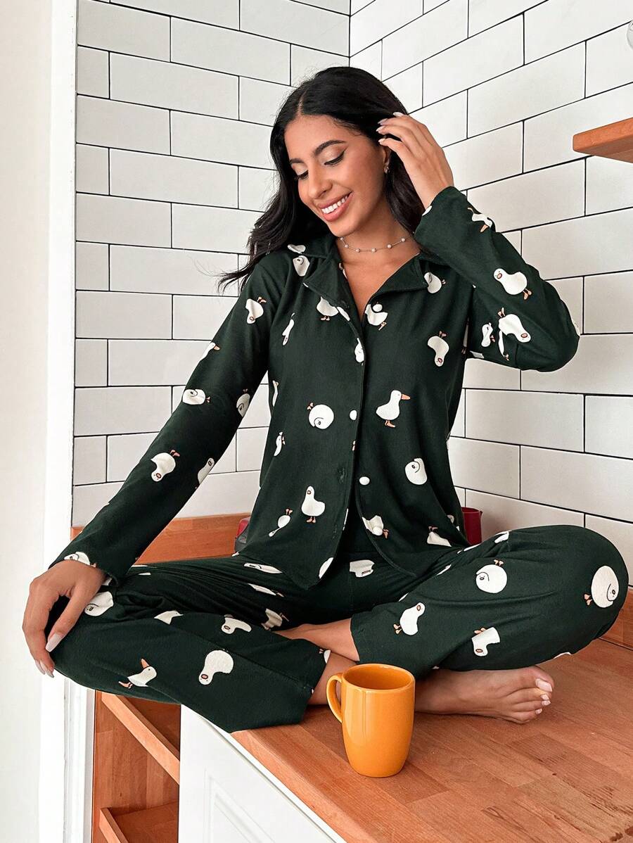 RueChic Cartoon Graphic PJ Set - Green - View 1