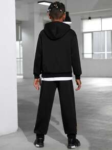 2pcs/Set Tween Boys Casual Printed Hoodie And Printed Pants Knit Fleece Thickened Outfit - Black - View 2