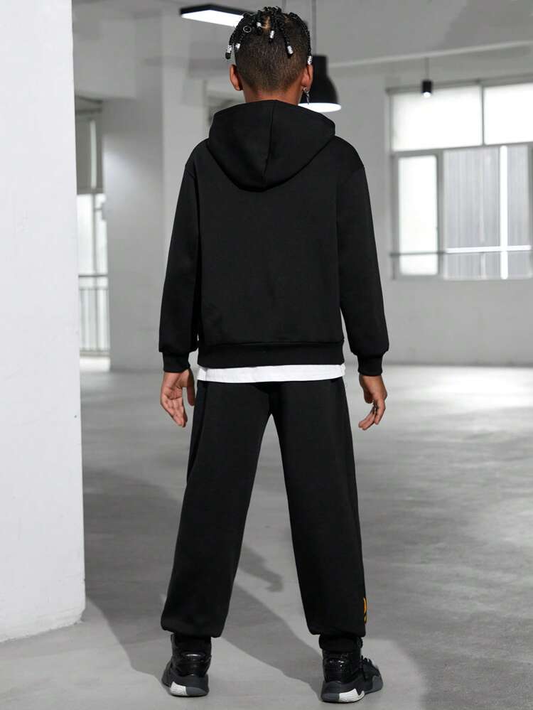 2pcs/Set Tween Boys Casual Printed Hoodie And Printed Pants Knit Fleece Thickened Outfit