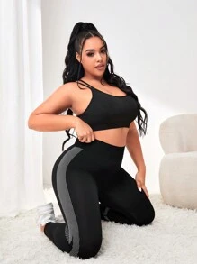 Easithlete Hơn In sọc Kiểm soát bụng Quần Xà cạp thể thao - Đen và trắng - Xem 2