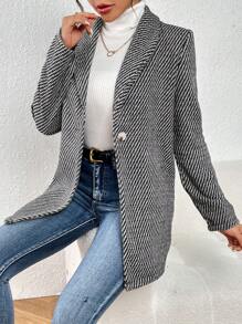 Chiquease Allover Print Shawl Collar Single Button Overcoat - Black and White - View 3