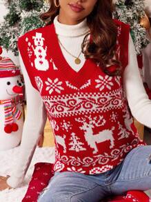 SHEIN Clasi 1 pieza Chaleco de punto con patrón de Navidad - Rojo - Ver 4