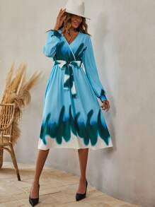 Breezaya Chevron Print Belted A-Line Wrap Detail Belted Dress