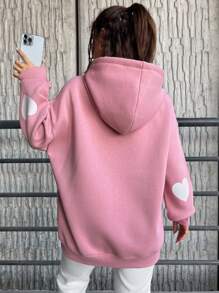 RueChic Heart Print Drop Shoulder Drawstring Hoodie - Pink - View 2