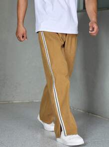 Manfinity Homme Men Plus Contrast Tape Split Hem Pants - Khaki - View 6