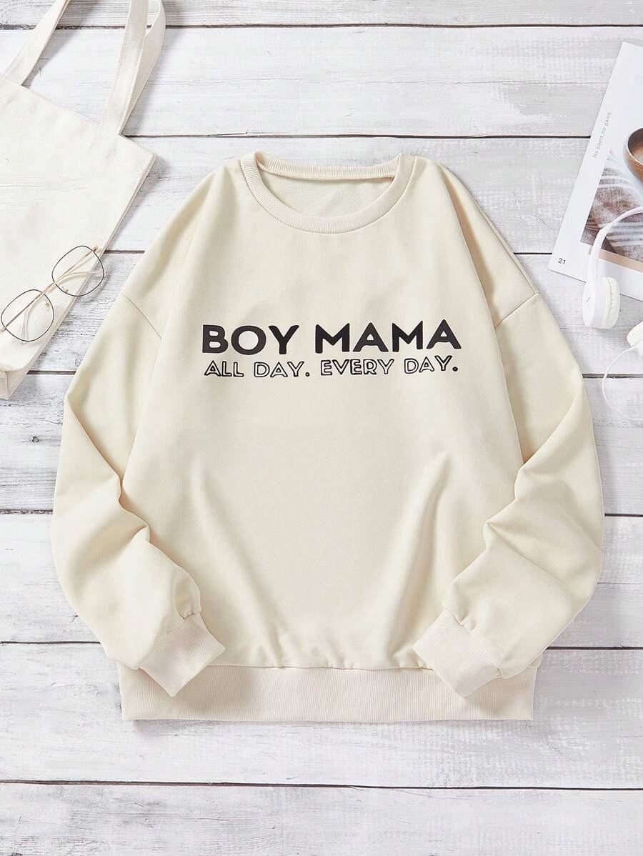 SHEIN LUNE 標語圖案落肩袖運動衫 - 杏色 - 查看 1