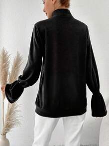 EURMUSE Ruffle Trim Flounce Sleeve Half Zip Sweatshirt - Black - View 2
