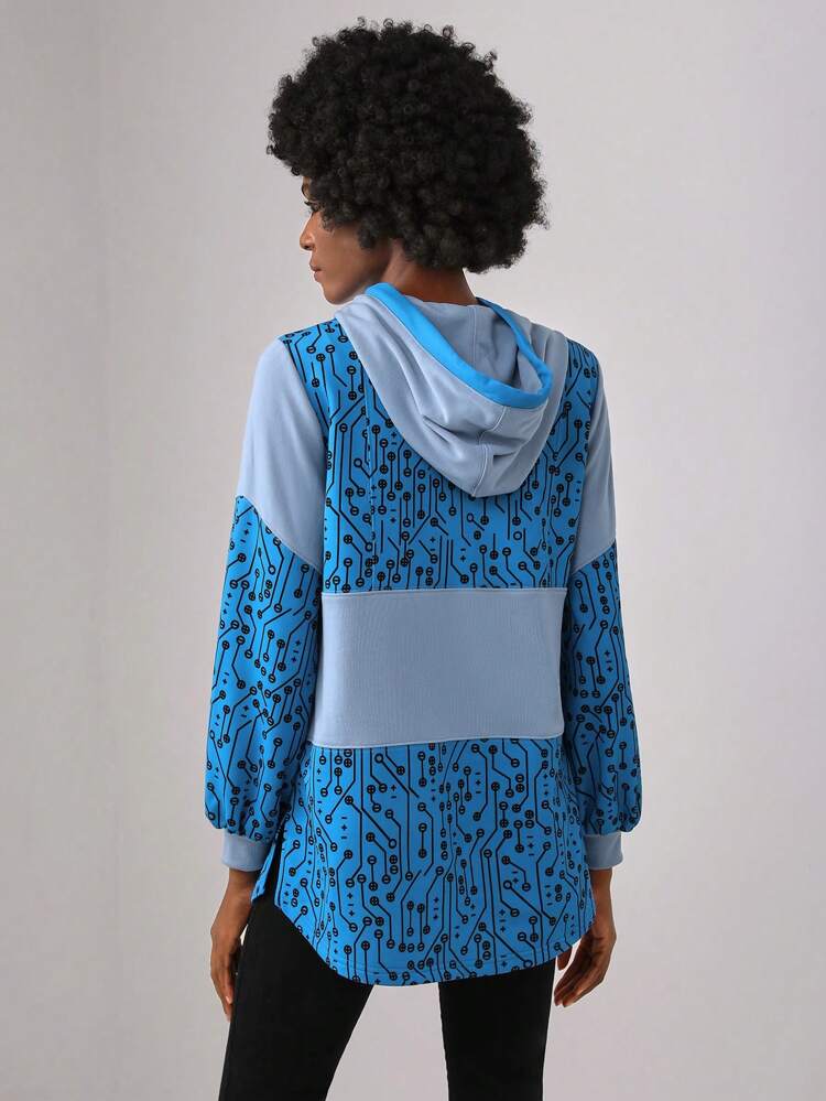 Designer Allover Print Colorblock Drawstring Hooded Split Hem Sweatshirt, Fall, For Autumn & Winter, Holiday, Vacation