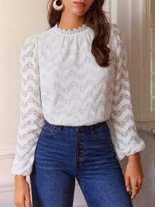 SHEIN Frenchy Guipure Lace Trim Lantern Sleeve Blouse